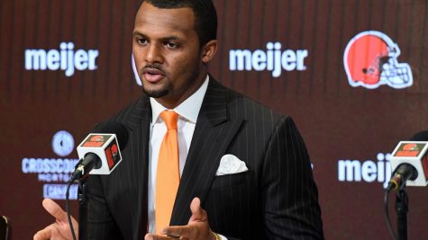 Quarterback Deshaun Watson of the Cleveland Browns speaks during his press conference introducing him to the Cleveland Browns at CrossCountry Mortgage Campus on March 25, 2022 in Berea, Ohio.