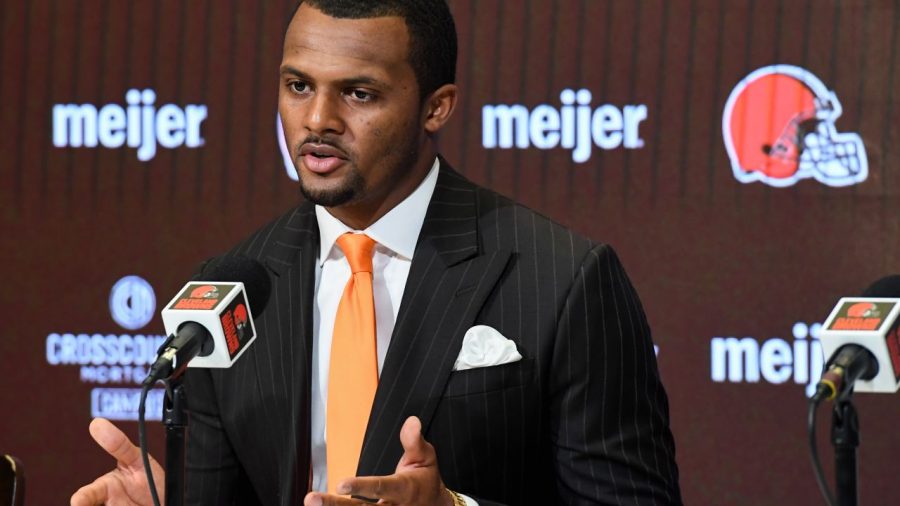 Quarterback+Deshaun+Watson+of+the+Cleveland+Browns+speaks+during+his+press+conference+introducing+him+to+the+Cleveland+Browns+at+CrossCountry+Mortgage+Campus+on+March+25%2C+2022+in+Berea%2C+Ohio.